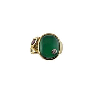 Vintage Manfredi 18K Yellow Gold Green Chrysoprase & Diamond Ring Size 5 #14250